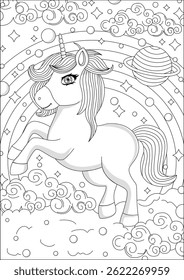 Fantasy Unicorn Coloring And rainbow Coloring Page