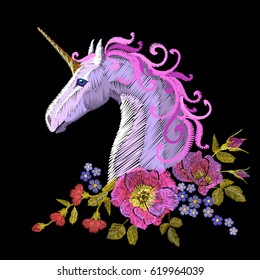 Fantasy unicorn embroidery patch sticker. Pink violet mane horse flower arrange poppy rose ornament. Cartoon badge magic vector illustration art