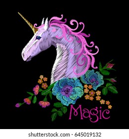 Fantasy unicorn embroidery patch sticker. Pink violet mane horse flower arrange poppy rose ornament. Cartoon badge magic vector illustration art
