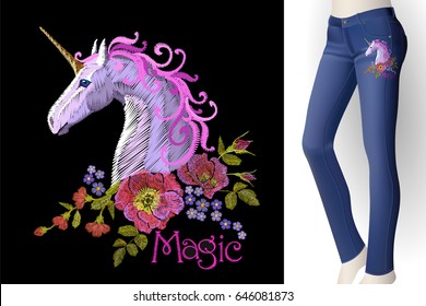 Fantasy Unicorn Embroidery Patch Sticker. Pink Violet Mane Horse Flower Arrange Poppy Rose On Blue Woman Jeans Mockup. Cartoon Badge Magic Vector Illustration Art