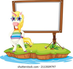 Fantasy unicorn with empty board  illustration