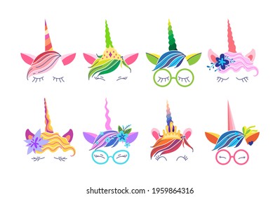 Fantasy Unicorn Face. Cute Funny Unicorn Heads With Flowers, Glasses, Bow, Beautiful Eyelashes. Braided Magic Horn Pony. Hand Drawn Colorful Set For Kids Flat Vector Isolated