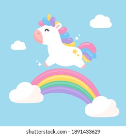 A fantasy unicorn jumping on a pastel rainbow with fun. With a beautiful sky full of clouds