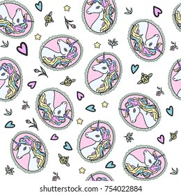 Fantasy unicorn in romantic vintage frame vector  seamless pattern on white backgrond. Colorfull white horse . Rainbow hair. Cute female unicorn