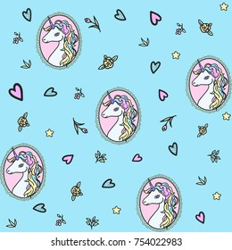 Fantasy unicorn in romantic vintage frame vector  seamless pattern. Colorfull white horse . Rainbow hair. Cute female unicorn