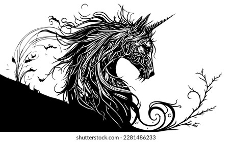 Fantasy unicorn vector black line illustration isolated white. Sketch art