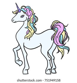 Fantasy unicorn vector isolated on white backgrond. Colorfull white horse sticker, patch badge. Rainbow hair. Cute female unicorn 