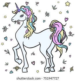 Fantasy unicorn vector on white backgrond. Colorfull white horse sticker, patch badge. Rainbow hair. Cute female unicorn 