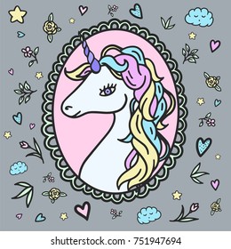 Fantasy unicorn vector in romantic vintage frame. Colorfull horse head portrait  sticker, patch badge. Rainbow hair. Cute female unicorn 
