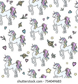 Fantasy unicorn vector  seamless pattern on white backgrond. Colorfull white horse . Rainbow hair. Cute female unicorn