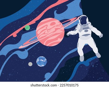 Fantasy-Universum-Hintergrund mit Astronaut, Planeten und Sternen vorne und dynamischen mehrfarbigen Kurven im Hintergrund. Großer roter Gasriese mit Ringen vor sich.