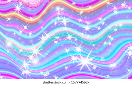 Fantasy universe. Fairy background. Vector illustration. Holographic magic stars. Unicorn pattern. Candy background.