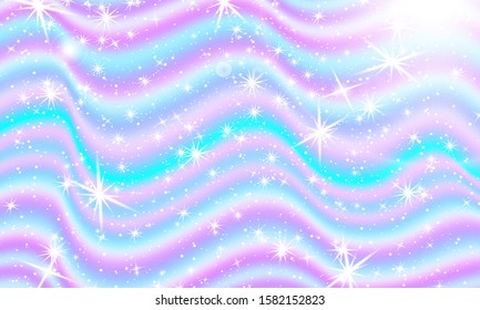 Fantasy universe. Fairy background. Vector illustration. Holographic magic stars. Unicorn pattern. Candy background.