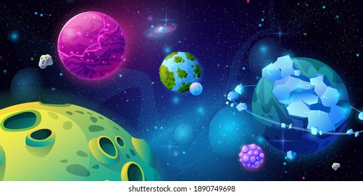 Fantasy universe, galaxy with planets and celestial bodies made of craters and ice. Panoramic view of cosmos with constellation and fictional systems. Planetarium cartoon vector in flat style