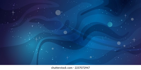 Fantasy universe or galaxy, starry sky with planets and satellites. Space or cosmos, universe banner night blue sky background. Vector flat cartoon illustration of space and planet