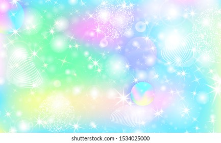 Fantasy universe. Holographic magic stars. Unicorn galaxy. Fairy background. Mermaid rainbow. Minimal design. Trendy gradient colors. Fluid shapes. Vector illustration.