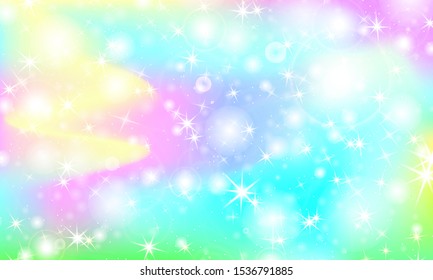 Fantasy universe. Holographic magic stars. Unicorn galaxy. Fairy background. Mermaid rainbow. Minimal design. Trendy gradient colors. Fluid shapes. Vector illustration.