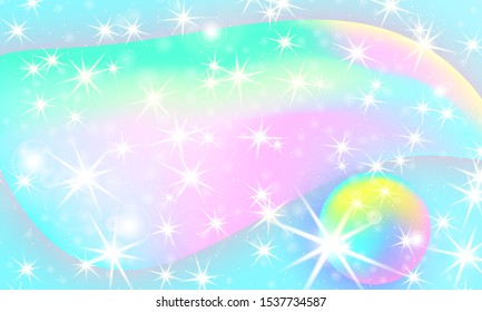 Fantasy universe. Holographic magic stars. Unicorn galaxy. Fairy background. Mermaid rainbow. Minimal design. Trendy gradient colors. Fluid shapes. Vector illustration.