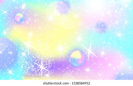 Fantasy universe. Holographic magic stars. Unicorn galaxy. Fairy background. Mermaid rainbow. Minimal design. Trendy gradient colors. Fluid shapes. Vector illustration.