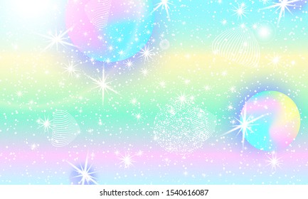 Fantasy universe. Holographic magic stars. Unicorn galaxy. Fairy background. Mermaid rainbow. Minimal design. Trendy gradient colors. Fluid shapes. Vector illustration.