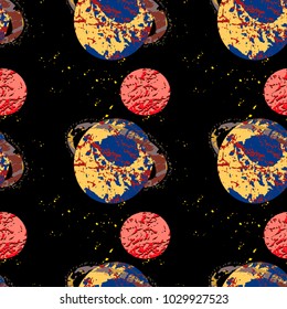 Fantasy universe planets, moons and stars in endless pattern. Seamless space pattern usable for design of cloth, wrapping paper or cover, wallpaper, backdrop, background.