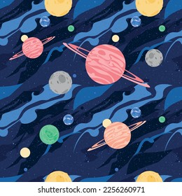 Fantasy Universe seamless pattern background with planets and stars in front and dynamic multicolor curves in background