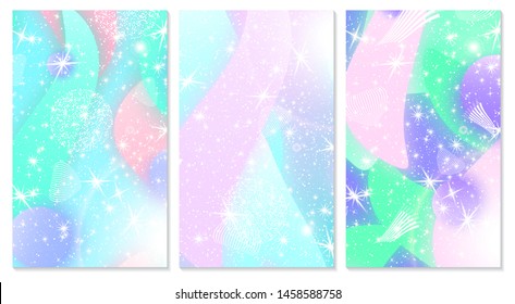 Fantasy universe. Unicorn pattern. Fairy background. Mermaid rainbow. Holographic magic stars. Cover set. Rainbow fantasy universe background.