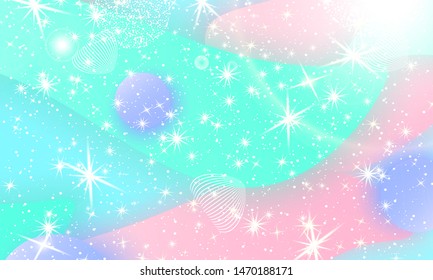 Fantasy universe. Unicorn pattern. Fairy background. Mermaid rainbow. Holographic magic stars. Rainbow fantasy universe background.