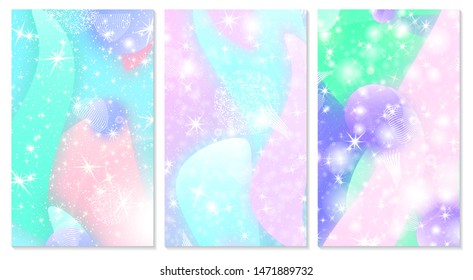 Fantasy universe. Unicorn pattern. Fairy background. Mermaid rainbow. Holographic magic stars. Cover set. Rainbow fantasy universe background.