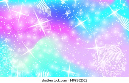 Fantasy universe. Unicorn pattern. Fairy background. Mermaid rainbow. Holographic magic stars. Cover set. Rainbow fantasy universe background.