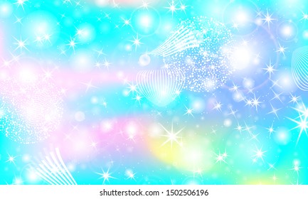 Fantasy universe. Unicorn pattern. Fairy background. Mermaid rainbow. Holographic magic stars. Cover set. Rainbow fantasy universe background.