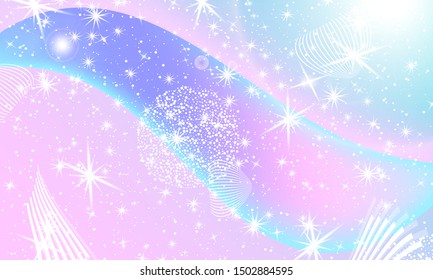 Fantasy universe. Unicorn pattern. Fairy background. Mermaid rainbow. Holographic magic stars. Cover set. Rainbow fantasy universe background.