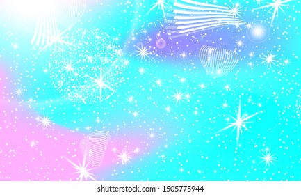 Fantasy universe. Unicorn pattern. Fairy background. Mermaid rainbow. Holographic magic stars. Cover set. Rainbow fantasy universe background.