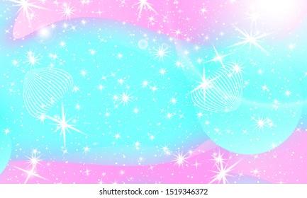 Fantasy universe. Unicorn pattern. Fairy background. Mermaid rainbow. Holographic magic stars. Rainbow fantasy universe background.
