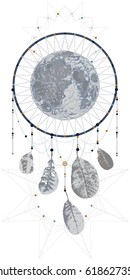 Fantasy Unusual dream catcher with leaves and full moon. Vector illustration. Ethnic design, boho chic, tribal symbol. Can be used for interior print, poster, mobil case, fashion textile