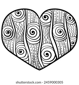 Fantasy valentine heart with vertical striped motifs and spirals, coloring page vector illustration for creative activity