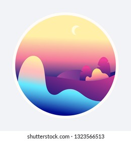 Fantasy valley landscape simple flat style clipart illustration. Futuristic neon glowing vector background. Holographic new planet. Graphic design template for modern banner, poster, flyer, website.