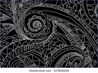 Fantasy vector abstract background with spiral. Spiral of ornaments on a black background. Beautiful white patterns. White lines on a black background. Ink drawing. Triangles and circles on a black ba