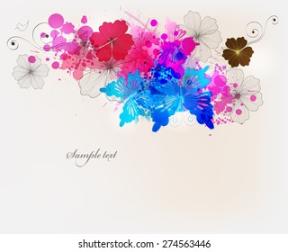 Fantasy  vector background with colorful flowers and butterflies. Abstract floral elements .