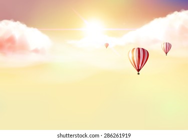 Fantasy Vector Background, Sunset and hot air ballons on cloudy sky.