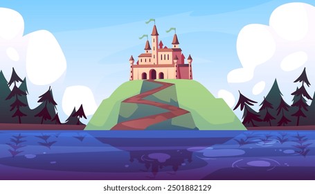 Fantasy vector castle illustration: an old stone building on a hill surrounded by a lake and trees under a sky. A magical kingdom with exquisite architecture.