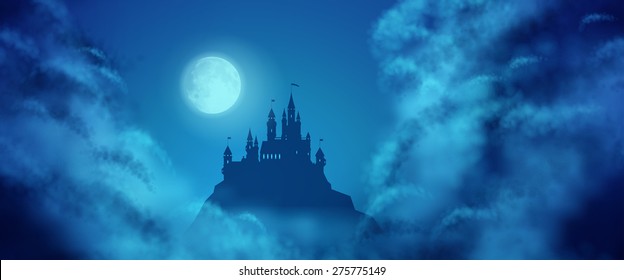 Fantasy vector castle silhouette on the hill against moonlight sky with soft clouds texture. Fantasy night panoramic view