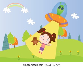 Fantasy vector concept: Little girl looking and kidnapped by flying ufo on the sky while holding teddy bear