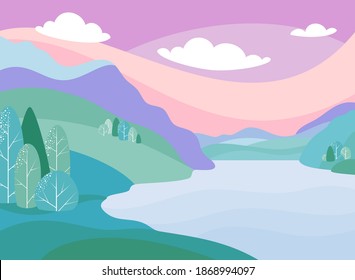 Fantasy vector drawing - fabulous beautiful landscape with river, mountains and forest. Eps 10 vector.