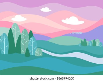 Fantasy vector drawing - fabulous beautiful landscape with river, mountains and forest. Eps 10 vector.