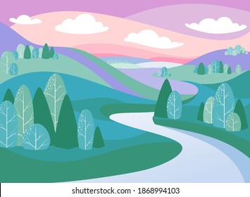 Fantasy vector drawing - fabulous beautiful landscape with river, mountains and forest. Eps 10 vector.