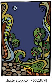 Fantasy vector fairy-tale landscape postcard