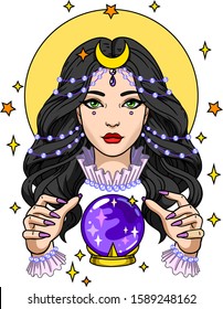 Fantasy vector illustration of beautiful  fortune teller girl reads the future from crystal ball isolated