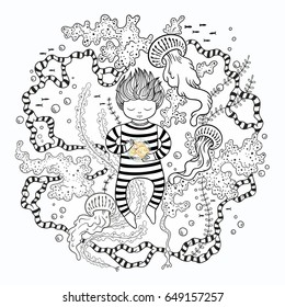 Fantasy vector illustration with a boy under water holding a gold fish 