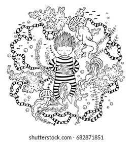 Fantasy vector illustration with a boy under water holding a gold fish 